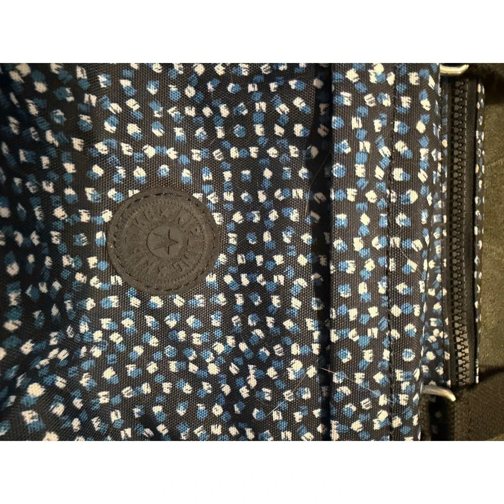 Kipling Satchel Bag Blue White Dot Print Monkey Charm Top Handle Crossbody
